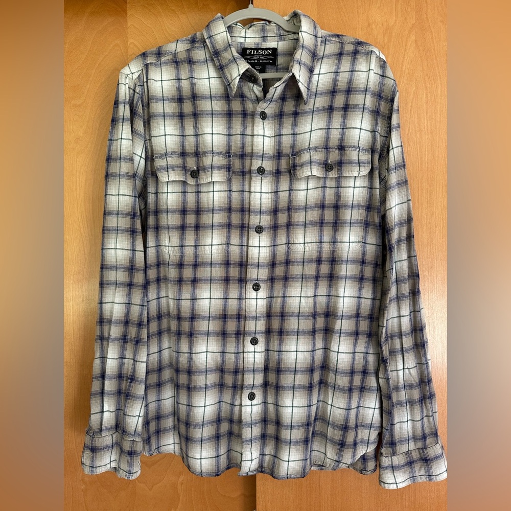 Filson men’s cotton shirt blue khaki plaid size XL